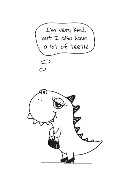 Um dinossauro fofo usando sapatos com uma bolsa O tema dos limites pessoais retratado com humor