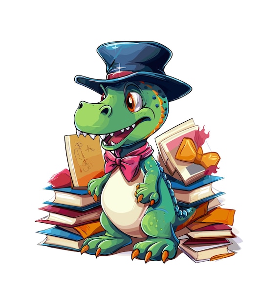 Vetor um dinossauro fofo usando um chapéu de formatura e muitas ilustrações de livros