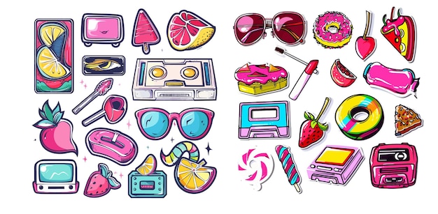 Um distintivo de desenho animado de menina bonito um adesivo adolescente com batom comida bonita e elementos dos anos 90
