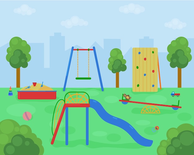 Um divertido playground na grama verde com balanços, escorregador, parede de escalada, caixa de areia e brinquedos infantis. Ilustração vetorial