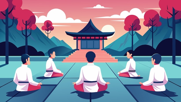 Vetor um dojo completamente em silêncio enquanto os alunos se envolvem em uma tradicional caminhada zen contemplando a ideia de