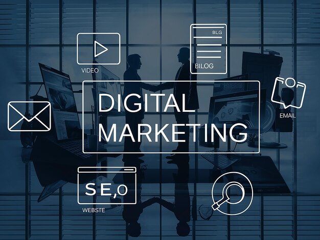 Vetor um ecrã que diz marketing digital