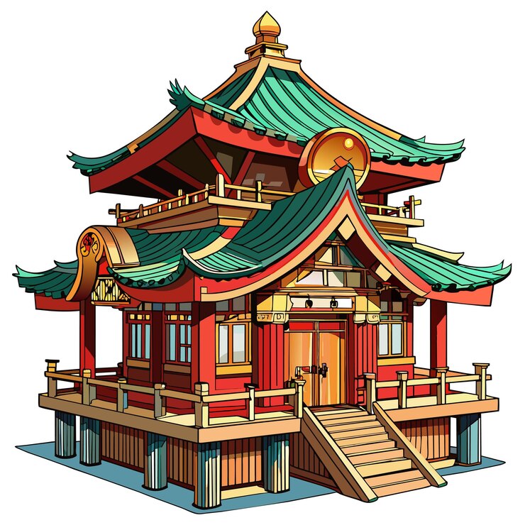 um edifício chinês com um telhado vermelho e um telhado verde