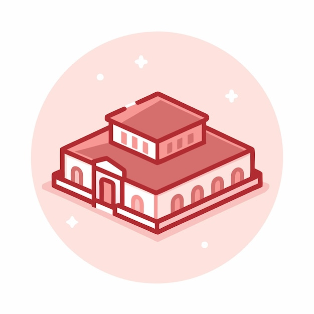um edifício com um telhado vermelho e um fundo rosa com um logotipo branco
