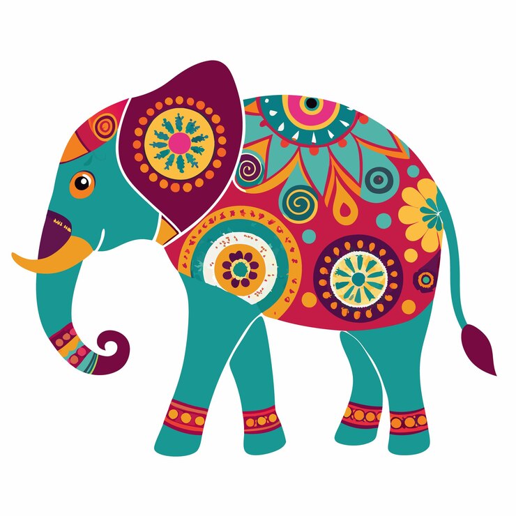 um elefante colorido com um padrão colorido nele