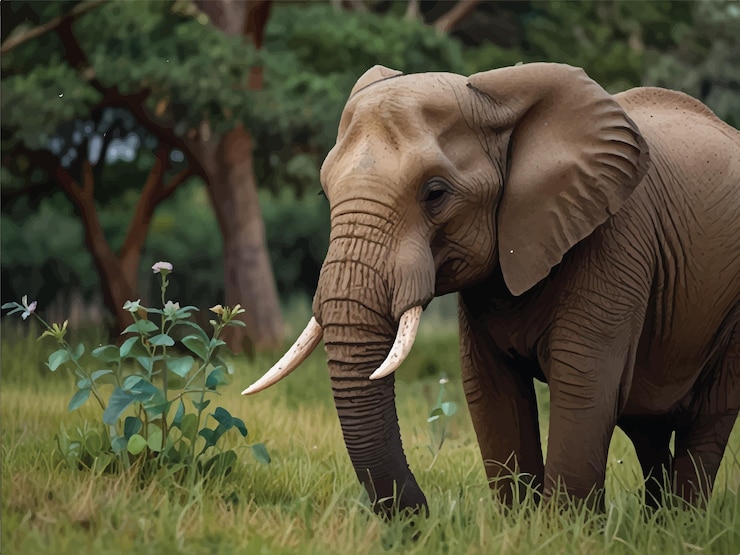 Vetor um elefante com presas de pé em um campo com árvores no fundo