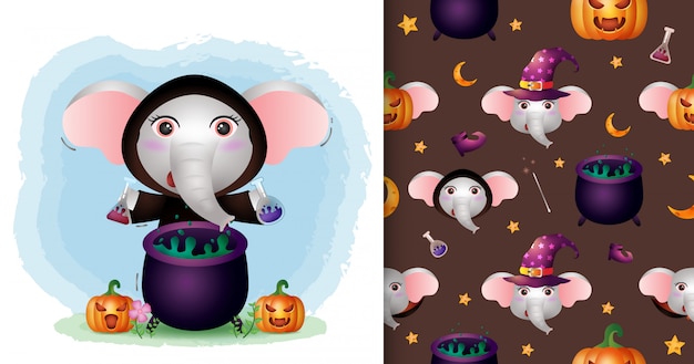 Um elefante fofo com coleção de personagens de halloween de fantasia de bruxa. padrão sem emenda e desenhos de ilustração