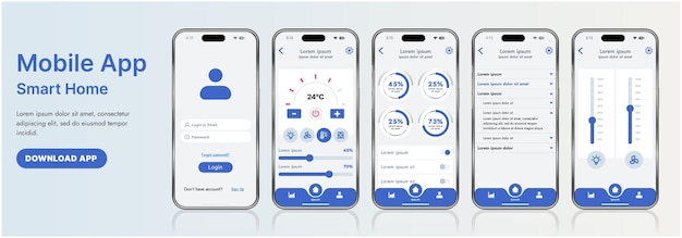 Um elegante modelo de interface de aplicação de casa inteligente com ícones modernos e um design de gradiente Inclui menus de navegação para gerenciar dispositivos, monitorar segurança, controlar temperatura
