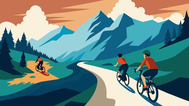 Vetor um emocionante passeio de bicicleta pelas montanhas com aventureiros idosos seguindo seu guia através