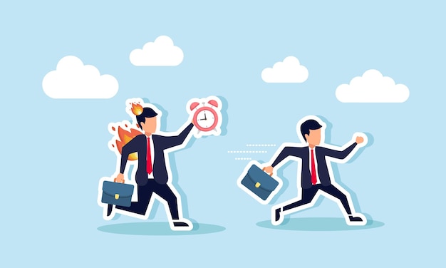 Um empresário correndo para evitar um empresário perseguindo em chamas carregando um despertador ilustração de ser perseguido por prazos de trabalho de negócios
