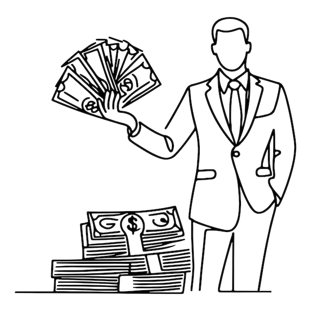 Um empresário de linha contínua exibindo uma propagação de dólares americanos em dinheiro segurando dinheiro para mostrar