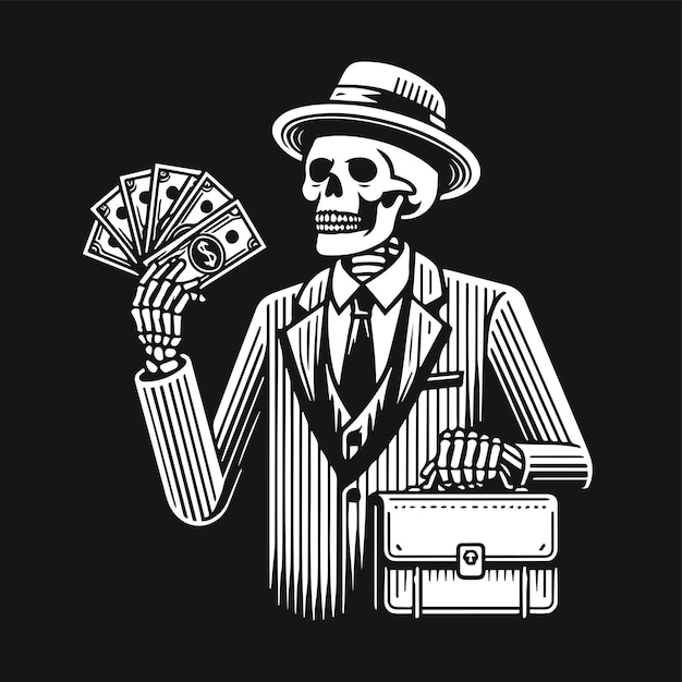 Vetor um empresário esqueleto um crânio segurando uma maleta com um monte de dinheiro e uma maleta