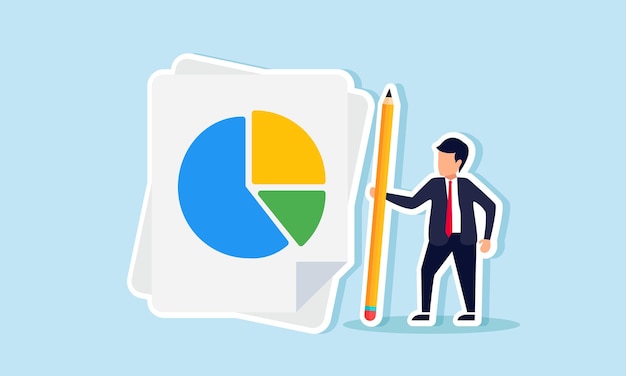 Um empresário está ao lado de um jornal com um gráfico em forma de torta segurando uma ilustração a lápis da preparação de um relatório de distribuição de dividendos