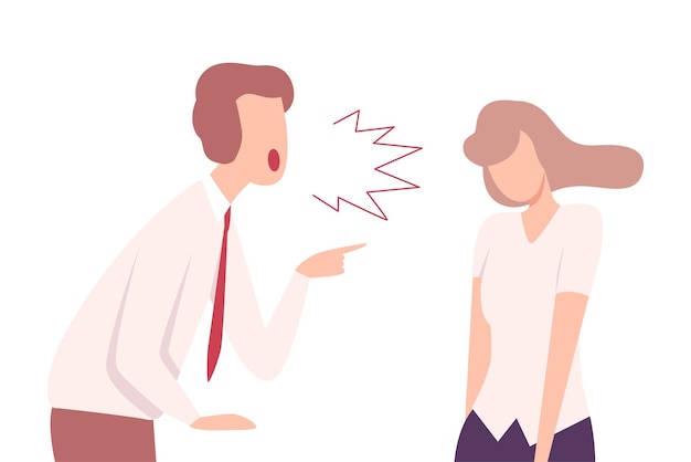 Um empresário furioso a gritar com uma jovem estressada. Ilustração de vetor plano.