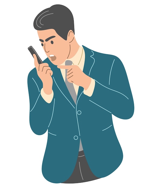 Vetor um empresário grita em um telefone celular o chefe castiga o funcionário ilustração vetorial plana