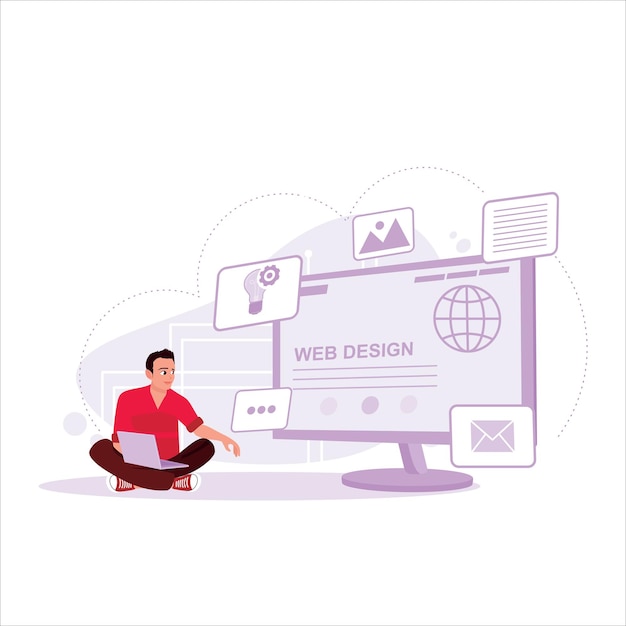 Um empresário projeta uma página da web com a tela do laptop, um conceito de design da Web