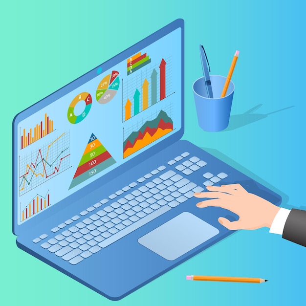 Um empresário usa um laptop para estudar e analisar dadosO conceito de colaboração e análise