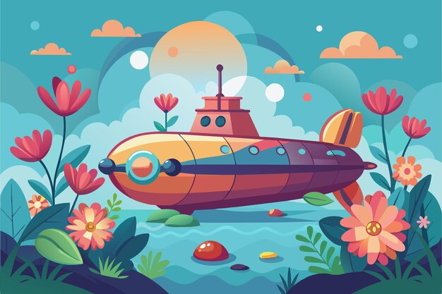 Vetor um encantador submarino adornado com flores vibrantes senta-se serenamente num mar calmo