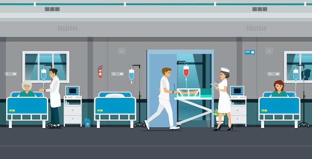 Um enfermeiro está levando o paciente para a sala de cirurgia