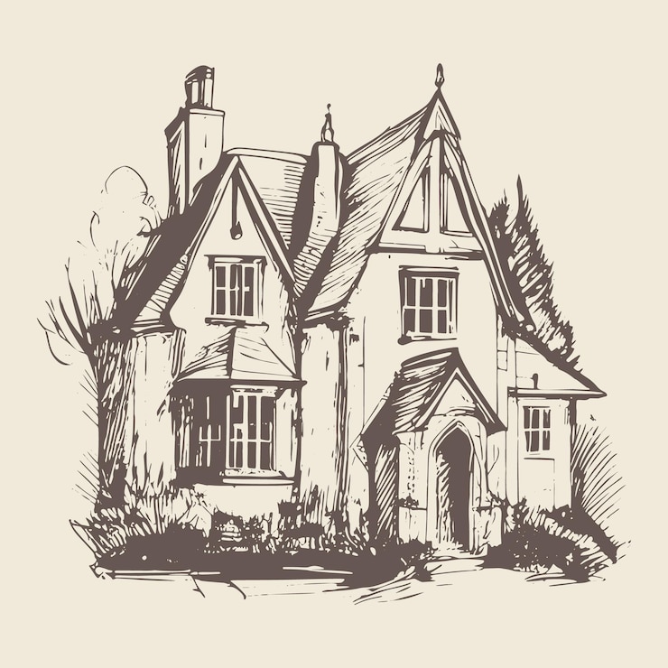 Vetor um esboço de ilustração vetorial desenhado à mão de uma antiga casa inglesa ou mansão representando a arquitetura europeia tradicional do século xix o esboço é apresentado em um fundo claro