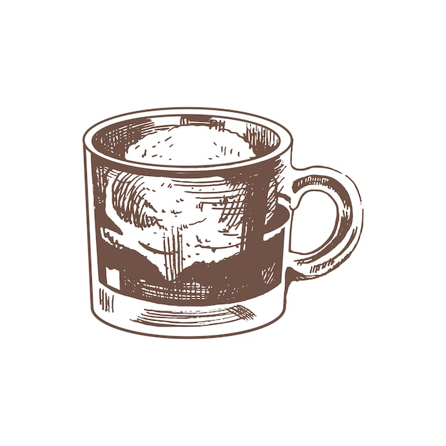 Um esboço desenhado à mão de café affogato com sorvete em um copo de vidro doodle de ilustração vintage elemento para o design de rótulos, embalagens e cartões postaisxa