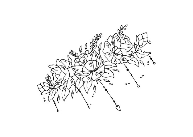 Vetor um esboço preto e branco de uma flor com os números 1 e 2.