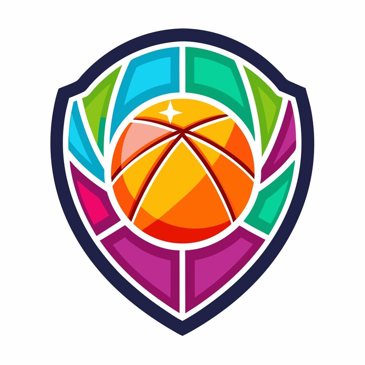Vetor um escudo colorido com uma bola de basquete no centro cercado por formas geométricas em várias cores