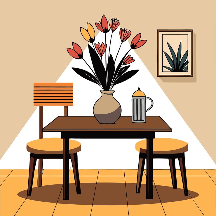 Vetor um espaço aconchegante para jantar com uma mesa, cadeiras, flores e uma bebida.