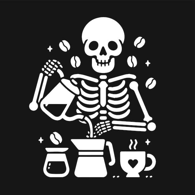 Vetor um esqueleto bonito a preparar um café.