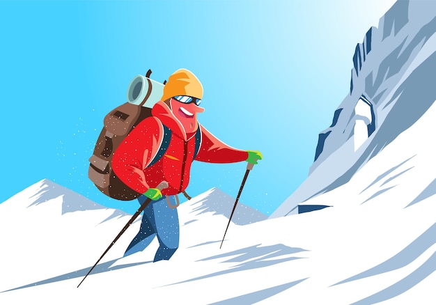 Um esquiador com uma mochila e uma mochila está subindo uma montanha nevada.
