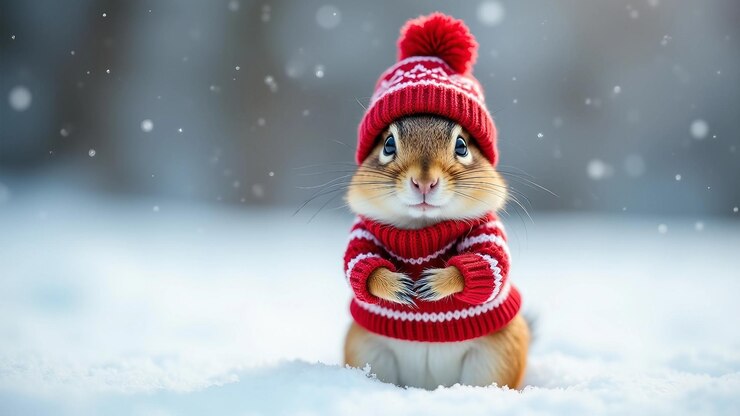 Vetor um esquilo bonito com uma camisola vermelha de inverno de pé na neve.
