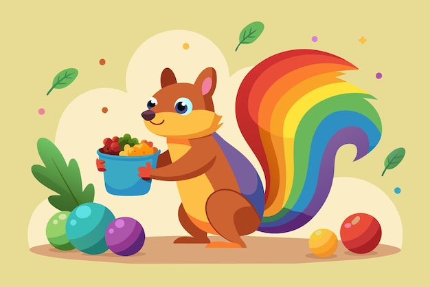 Vetor um esquilo coletando bolotas de cores arco-íris