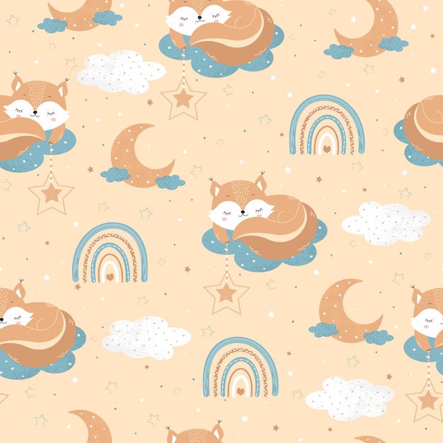 Um esquilo fofo dormindo nas nuvens entre as estrelas Padrão perfeito de bebê para impressão de tecido de pôster
