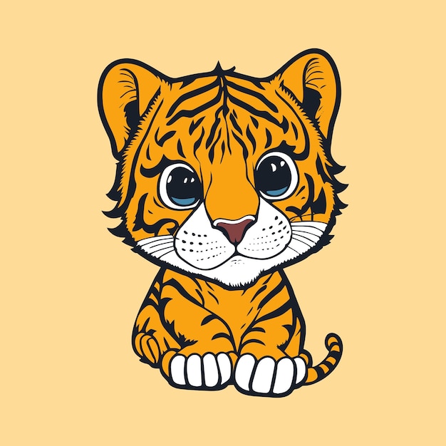 Um filhote de tigre de desenho animado com olhos azuis senta-se sobre um fundo amarelo.