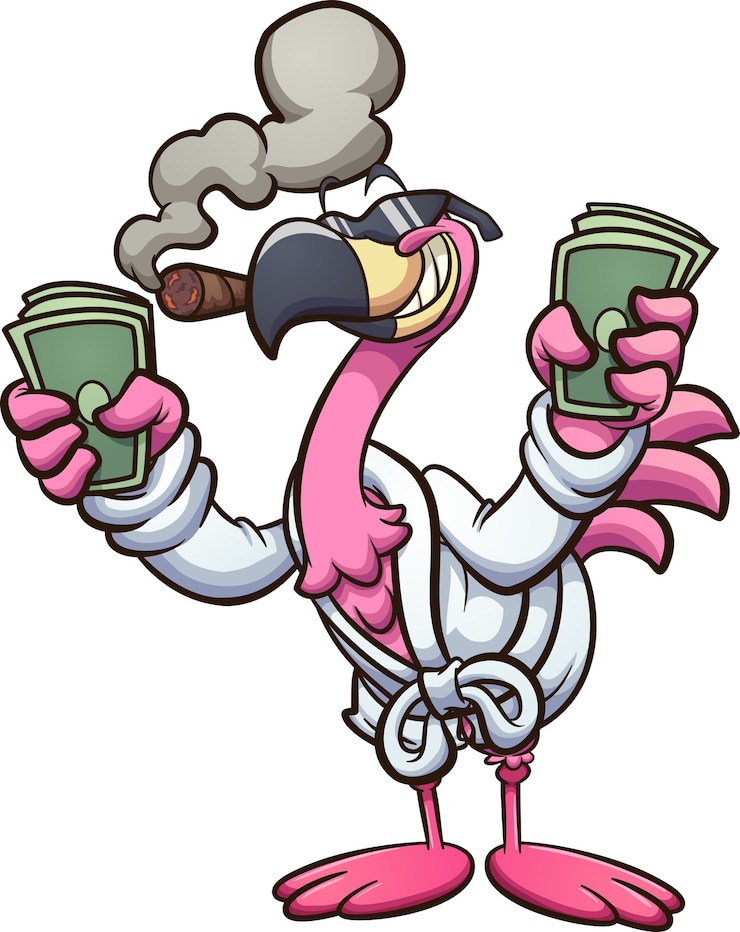 Vetor um flamingo de desenho animado bacana, vestindo um roupão de banho e fumando um charuto.