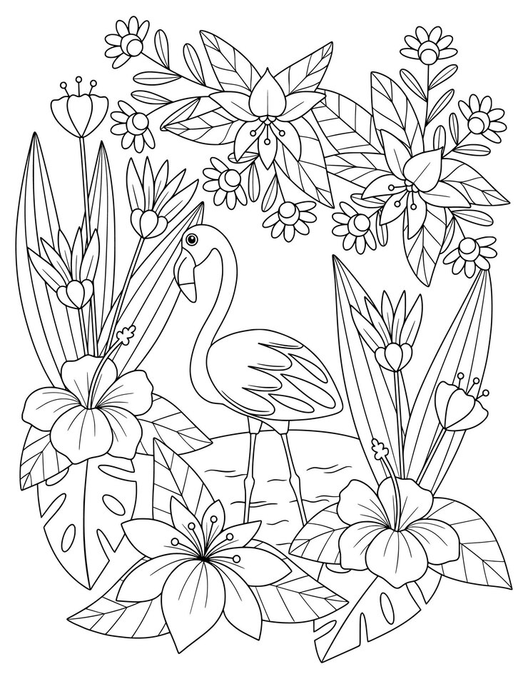 Vetor um flamingo e flores em um jardim.