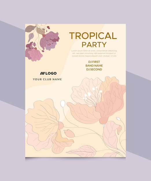 Vetor um flyer para uma festa tropical com flores e folhas.