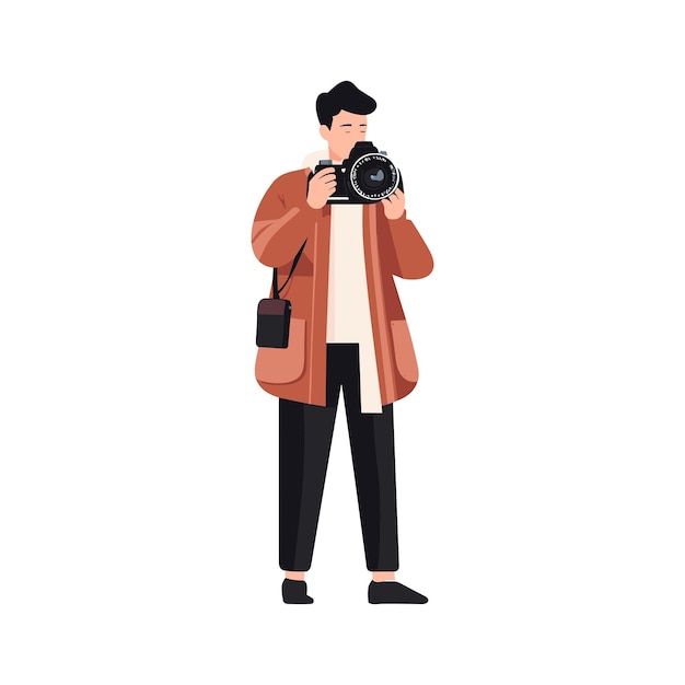 Vetor um fotógrafo segura uma câmera em sua mão simples