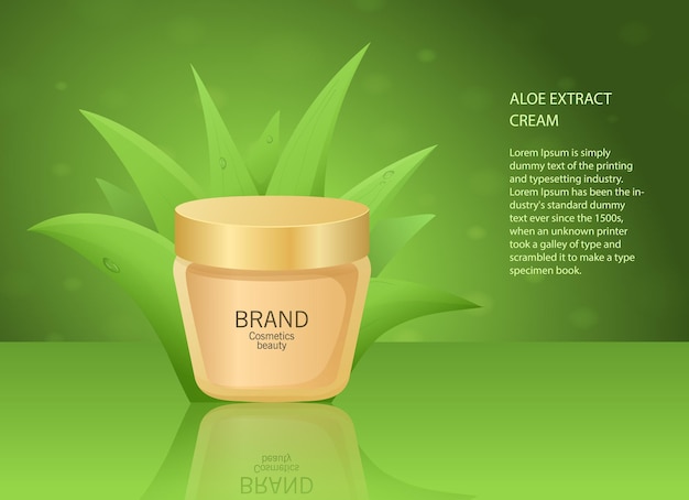 Um frasco de dispensador de aloe vera com tampa dourada sobre fundo verde creme de aloe vera de cosméticos