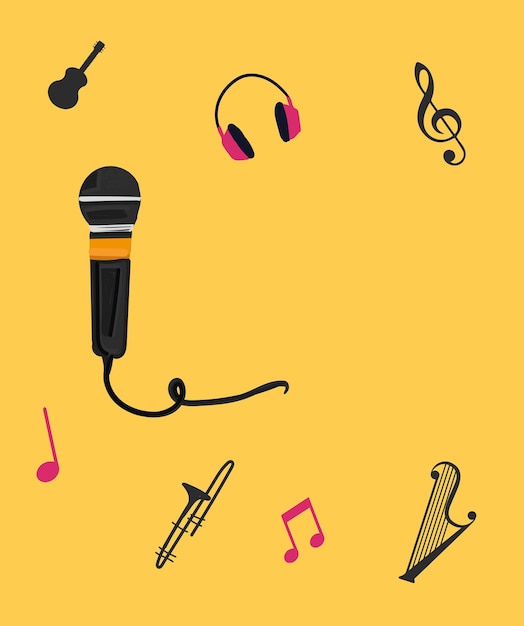 Um fundo amarelo com um microfone e notas musicais.