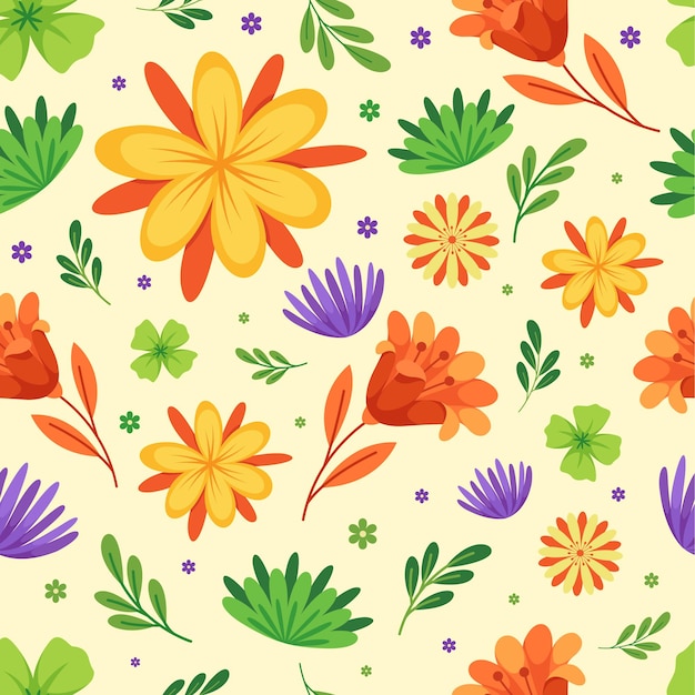 um fundo colorido com diferentes flores e folhas