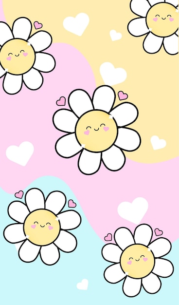 Um fundo colorido com emoji, flores, rostos e corações.