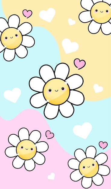 Um fundo colorido com emoji, flores, rostos e corações.