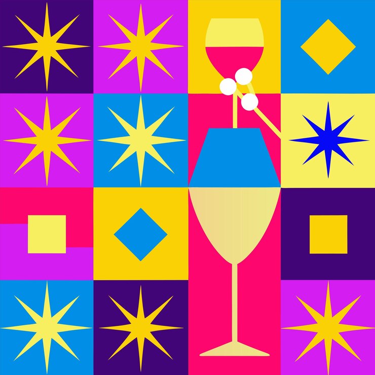 Vetor um fundo colorido com um copo e um copo de vinho com uma estrela nele