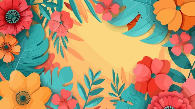 um fundo colorido com um tema tropical e uma flor vermelha e laranja