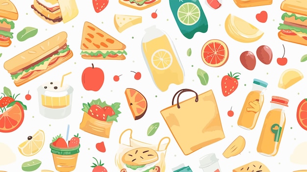 um fundo colorido com uma variedade de produtos e frutas