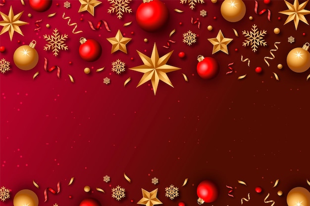 um fundo de Natal vermelho com ornamentos dourados e vermelhos e estrelas douradas