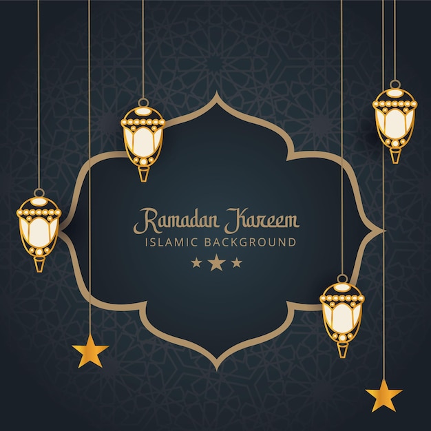 Vetor um fundo escuro com um texto em árabe ramadan kareem.