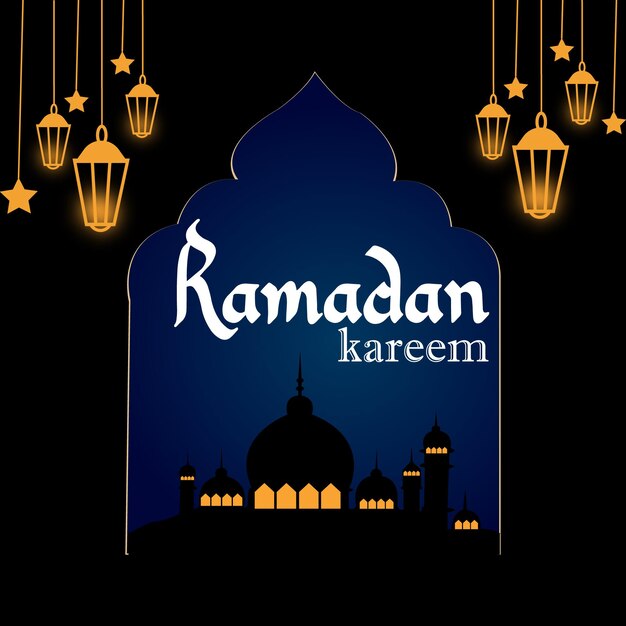 Um fundo escuro com uma lanterna e uma placa que diz Ramadã.