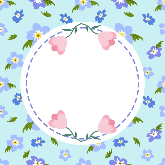 Um fundo floral azul com um círculo com uma borda azul e um coração no meio.